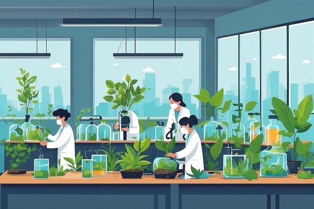 Illustrer un laboratoire de biologie avec des étudiants effectuant des expériences sur l'impact de la pollution sur la vie végétale illustration vectorielle en style plat