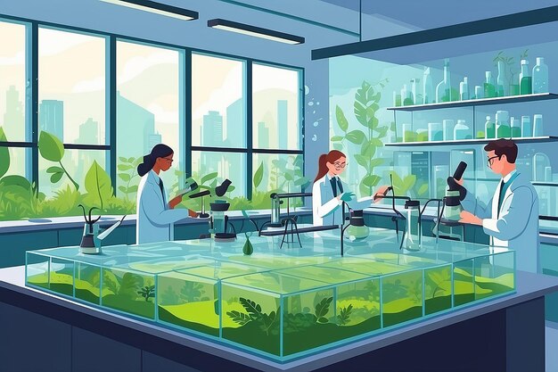 Illustrer un laboratoire de biologie avec des étudiants menant des expériences sur l'impact du changement climatique sur la biodiversité illustration vectorielle en style plat