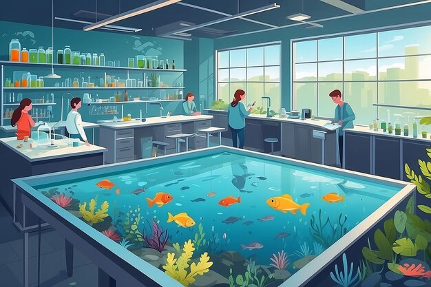 Illustrer un laboratoire de biologie avec des étudiants menant des expériences sur l'impact de la pollution sur les écosystèmes aquatiques illustration vectorielle en style plat