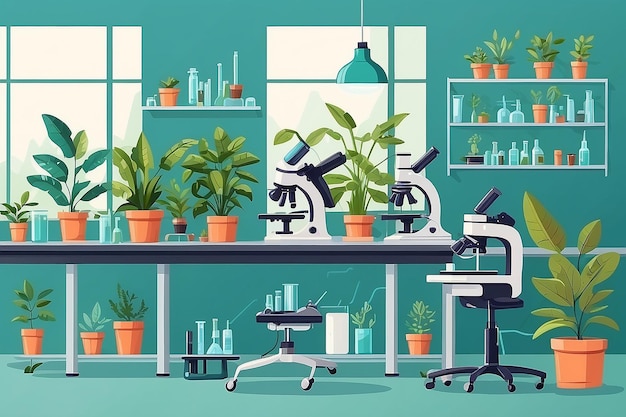 Illustrer un laboratoire de biologie avec des plantes en pot et des microscopes disposés sur des bancs de laboratoire illustration vectorielle dans des expériences de style plat