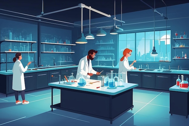 Illustrer un laboratoire de chimie avec des étudiants effectuant des expériences sur les propriétés des supraconducteurs illustration vectorielle en style plat