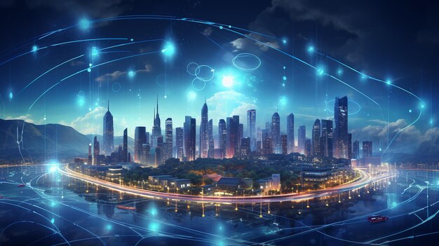 Photo illustrer un paysage urbain futuriste où les technologies intelligentes convergent représentant des dispositifs interconnectés