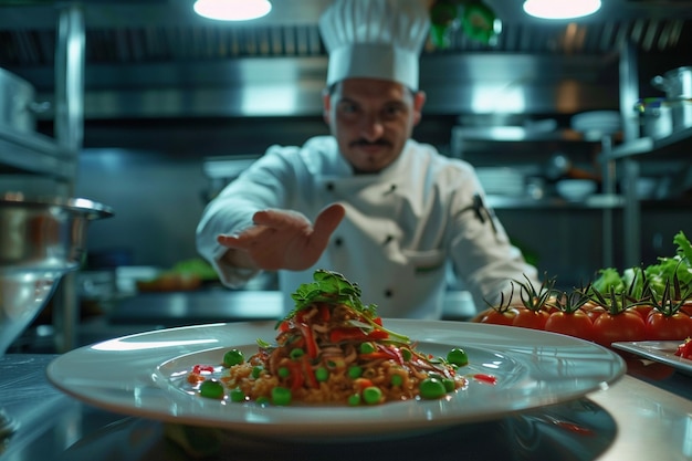 Photo illustrer la scène du chef présentant fièrement en génératif ai