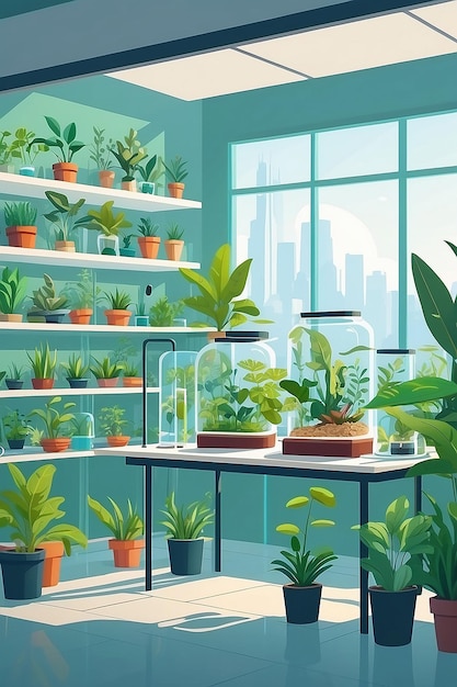 Illustrer une section du laboratoire dédiée aux études environnementales mettant en vedette des plantes et des modèles écologiques illustration vectorielle dans des expériences de style plat