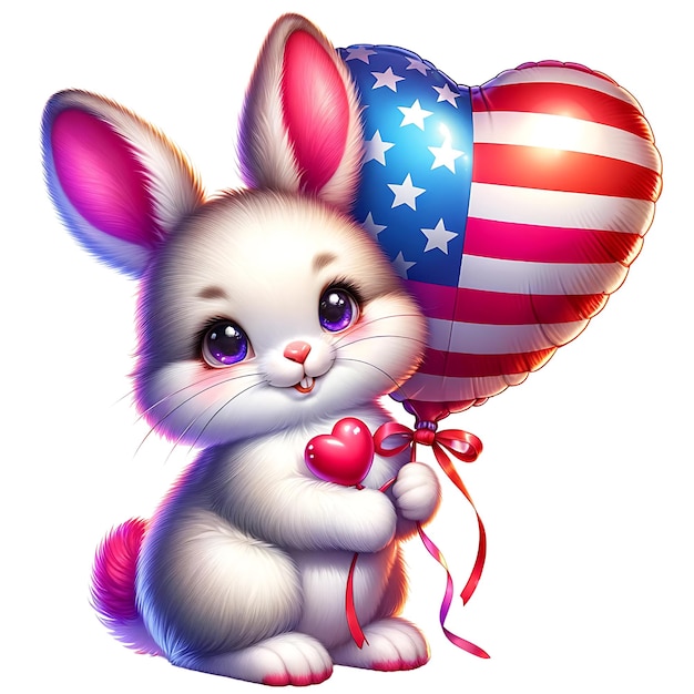 Illustrez un adorable lapin de Pâques tenant un ballon en forme de cœur avec les couleurs du drapeau des États-Unis