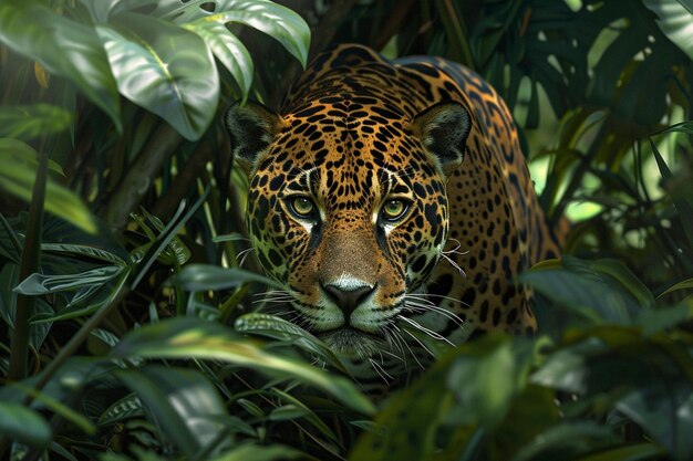 Illustrez la chasse furtive d'un jaguar qui traque l'ai génératif