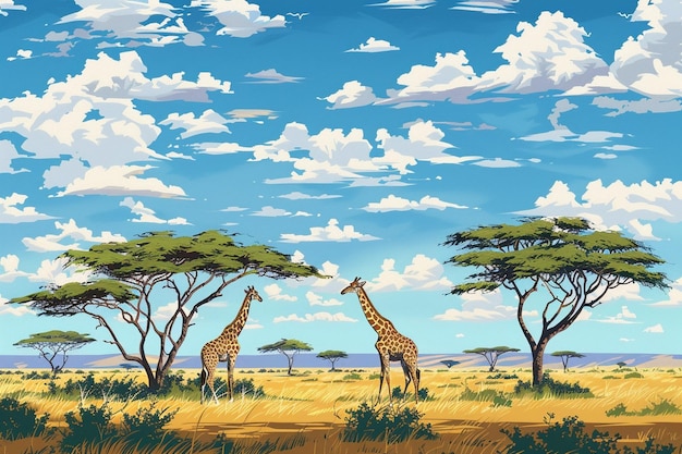 Illustrez une famille de girafes qui paissent sur l'acacia generative ai