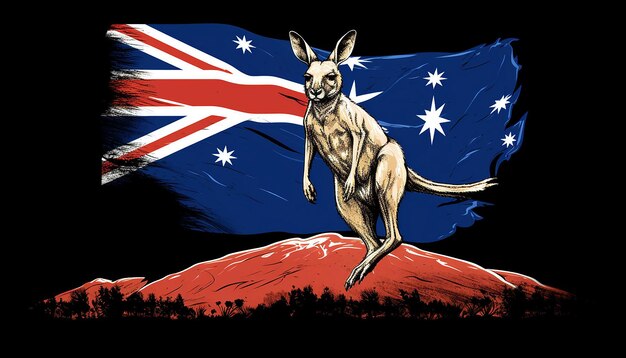 Photo illustrez un kangourou bondissant dans l'arrière-pays australien avec le drapeau bleu, rouge et blanc d'aust