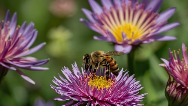 Photo illustrez la mutualité entre une abeille et une fleur en fleur.