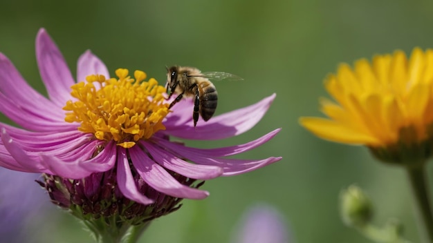 Photo illustrez la mutualité entre une abeille et une fleur en fleur.