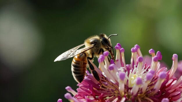 Photo illustrez la mutualité entre une abeille et une fleur en fleur.