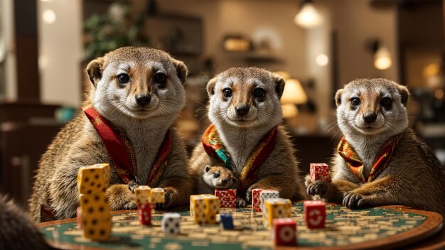 Illustrez une scène où un groupe de suricates animés participent à une soirée de jeux de société.