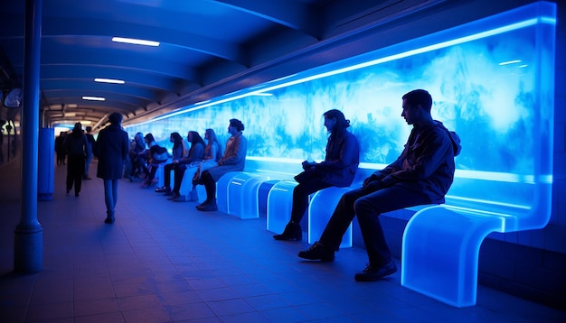 Photo illustrez une station de métro le lundi bleu transformée par l'éclairage bleu et la musique apaisante en direct