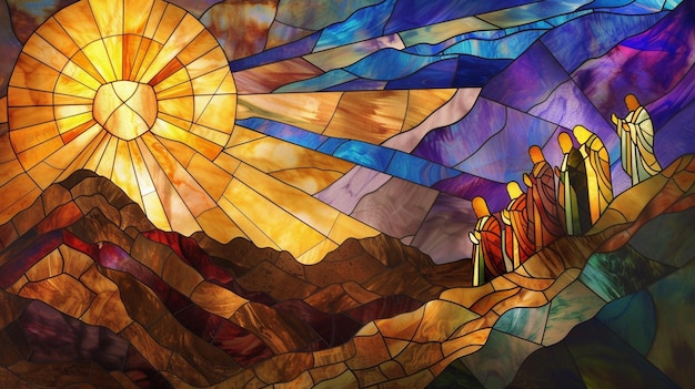 Illustrez la transfiguration de Jésus sur la montagne avec Moïse et Élie dans des vitraux en utilisant des couleurs rayonnantes pour mettre en évidence la révélation divine et l'émerveillement des disciples qui témoignaient.