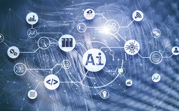 Illutration d'infographie d'IA d'intelligence artificielle sur le centre informatique fantastique