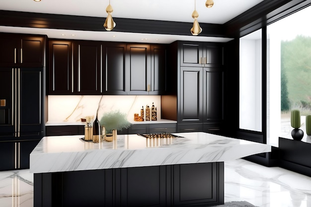 Photo Îlot de cuisine en marbre de luxe avec évier noir et comptoir marron avec armoire de comptoir blanche cupbo