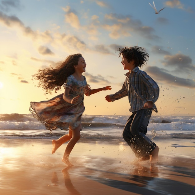 Ils courent sur la plage au coucher du soleil avec le coucher du soleil