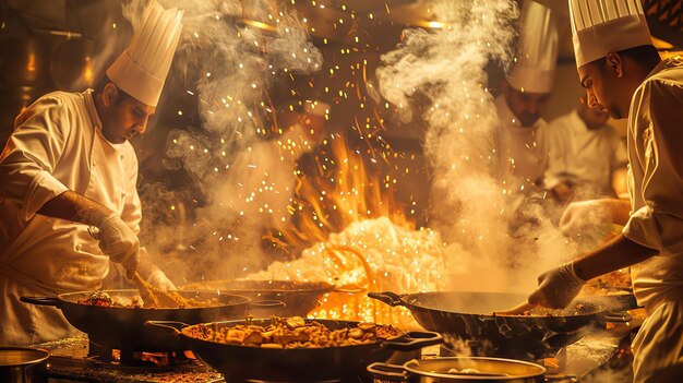 Photo ils portent des uniformes blancs et utilisent de grands woks pour cuisiner la nourriture.