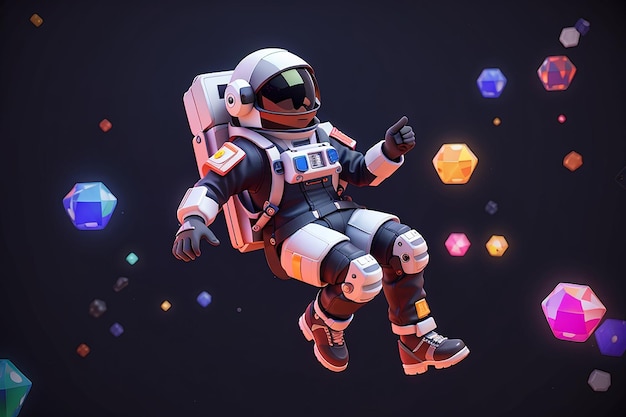 L'image 3D de l'astronaute au néon flottant dans le métavers 3D à fond noir