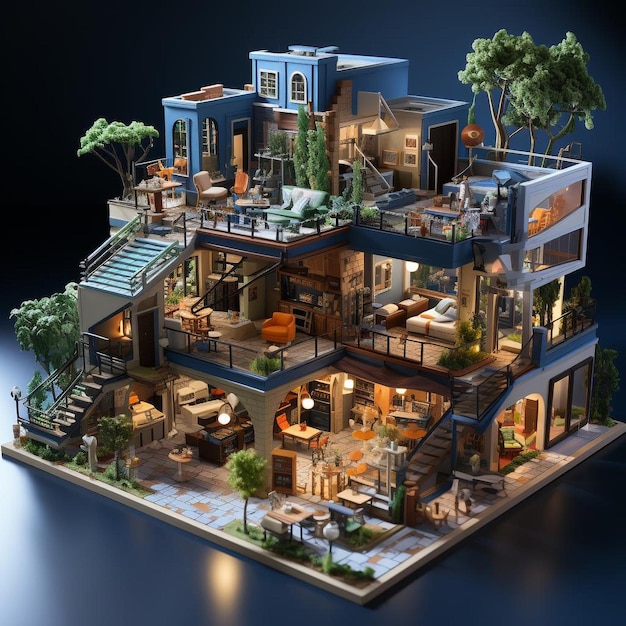 Image 3D d'un bâtiment avec un terrain de sport et un café