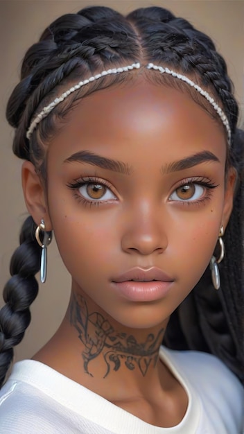 Image 3D d'une belle fille noire de 18 ans portant de longues tresses dans ses cheveux et un frère parfait