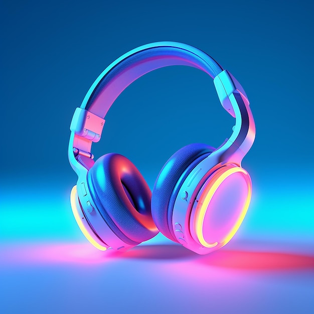 Image 3D d'écouteurs en couleurs néon isolés sur fond bleu