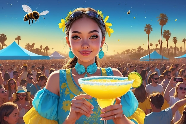 Image 3D d'une fille tenant un verre de margarita jaune avec des éclaboussures bleues au concert de coachella avec une abeille volant par l'art numérique