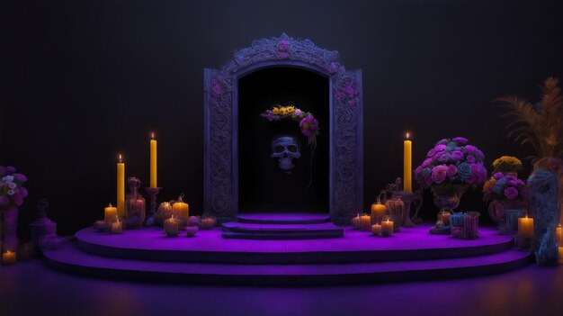 Photo image 3d de l'ia scène de podium vide coloré avec le thème sombre de dia de muertos