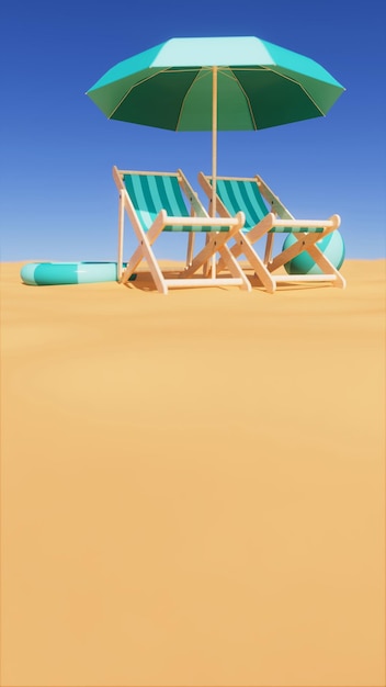 Image 3d illustration d'éléments de plage dans le thème de relaxation de flotteur de boule de parapluie de chaise de soleil