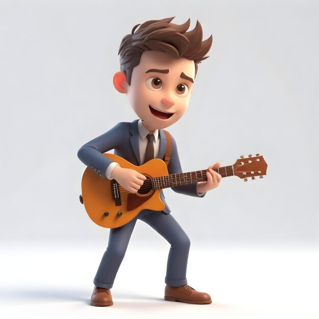 Image 3D d'un jeune homme d'affaires mignon jouant de la guitare sur fond blanc