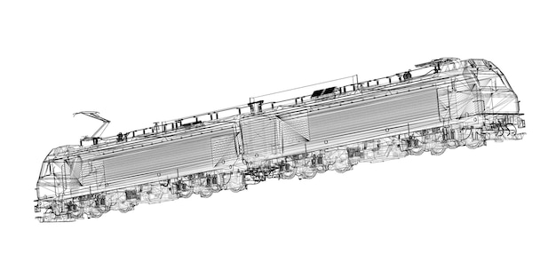 Image 3D d'une locomotive électrique dans une carcasse de fil sur un fond