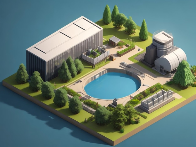 Image 3D d'une maison bleue moderne avec une piscine dans la forêt Vue de la caméra volante des bâtiments isométriques