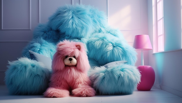 Image 3D d'un ours en peluche dans le salon