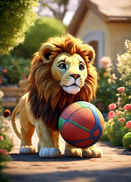 Image 3D d'un petit lion jouant à la balle avec sa mère dans le jardin image 8k moteur réel