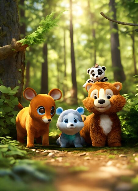 Photo image 3d pour enfants d'animaux jouant à cache-cache dans la forêt trois