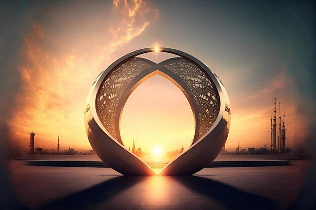 Photo une image 3d d'une sculpture en forme de coeur avec le soleil se couchant derrière elle.