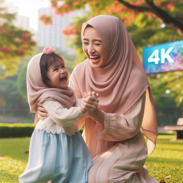 L'image 4K devrait présenter une mère asiatique ornée d'un hijab modeste