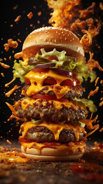 Photo image 4k haute définition avec effet d'explosion exposant un burger au fromage zinger chaud et épicé