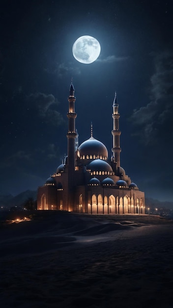 Une image 4K sereine mettant en vedette une mosquée emblématique la nuit avec un seul croissant dans le ciel