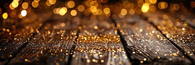 Image abstraite de confettis dorés flottant en l'air jetant une lueur chaude et radiante dans le surro