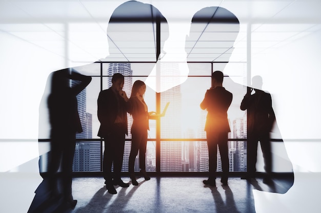 Image abstraite de gens d'affaires travaillant ensemble sur l'intérieur d'un bureau de la ville abstraite Arrière-plan avec lumière du jour Travail d'équipe et concept financier Double exposition