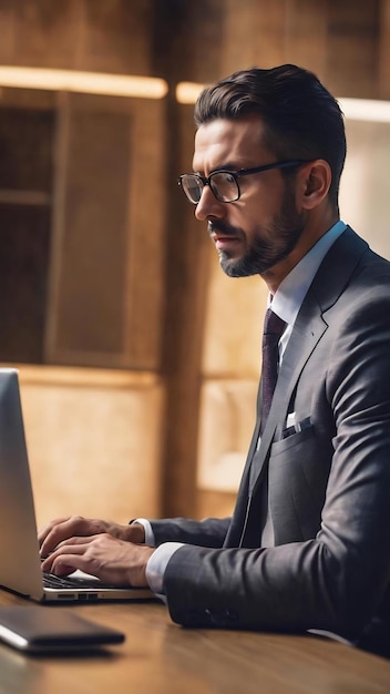 Image abstraite d'un homme d'affaires utilisant un ordinateur portable dans un bureau moderne