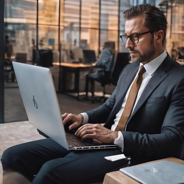 Image abstraite d'un homme d'affaires utilisant un ordinateur portable dans un bureau moderne