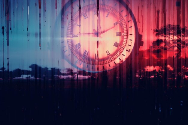 une image abstraite d'une horloge avec un fond rouge et bleu