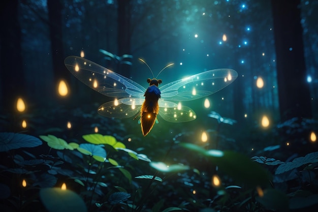 Photo image abstraite et magique de luciole volant dans la forêt nocturne concept de conte de fées