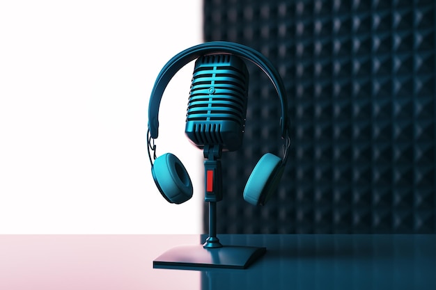 Image abstraite avec micro et mock-up sur fond bleu Publicité en podcast et concept de voix off Rendering 3D