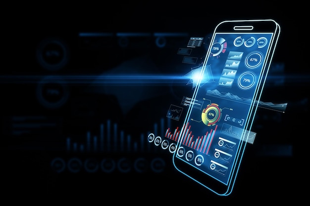 Une image abstraite montrant un smartphone moderne projetant une interface holographique avec divers graphiques de données et analyses Rendering 3D