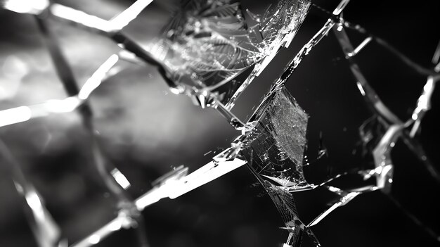 Image abstraite en noir et blanc d'un verre brisé