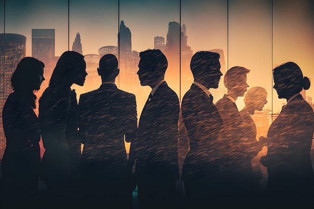 Photo image abstraite de nombreux hommes d'affaires ensemble en groupe sur fond de vue sur la ville avec immeuble de bureaux génératif ai
