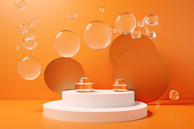 Photo image abstraite simple sur fond orange avec un podium et des formes de bulles géométriques en flèche